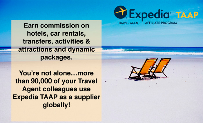 Expedia TAAP - Travel Agent Affiliate Program - Earn commission on hotels, car rentals, transfers, activities & attractions and dynamic packages. You’re not alone…more than 30,000 of your Travel Agent colleagues use Expedia TAAP as a supplier globally!